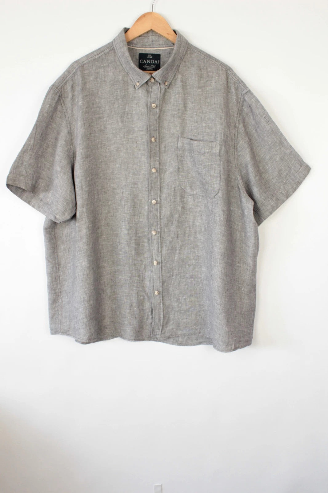 Canda grey melange short sleeve linen shirt with button-down collar and textured weave.