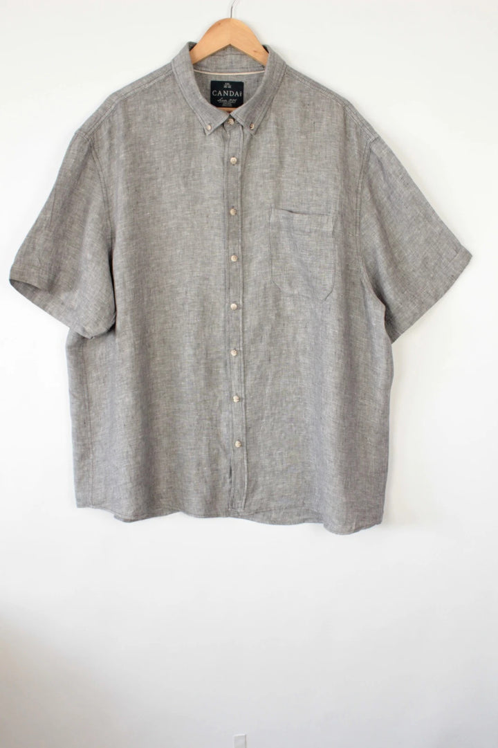 Canda grey melange short sleeve linen shirt with button-down collar and textured weave.