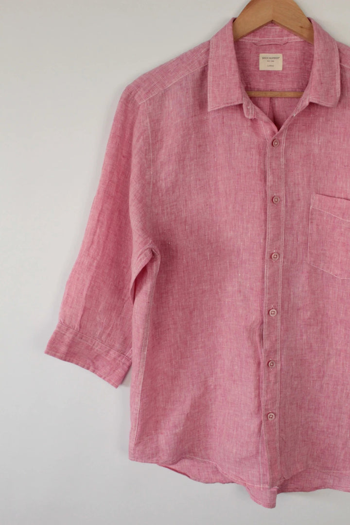 Back Number coral pink linen button-down blouse with three-quarter sleeves and relaxed fit.