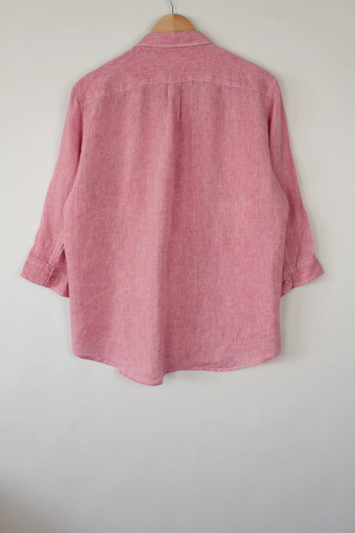 Back Number coral pink linen button-down blouse with three-quarter sleeves and relaxed fit.