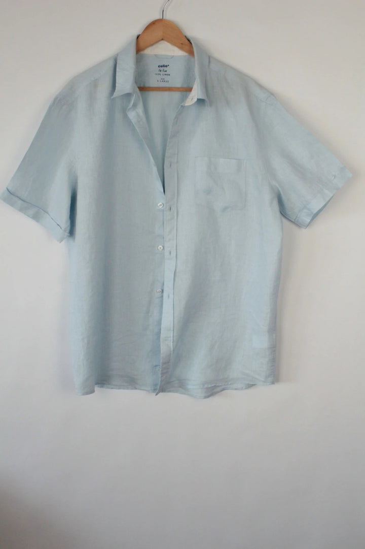 Celio short sleeve shirt baby blue 100% linen with button-down front and relaxed fit.