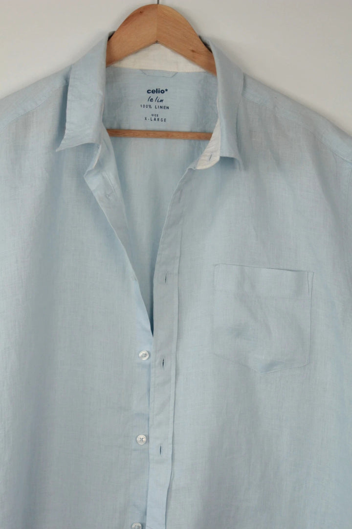 Celio short sleeve shirt baby blue 100% linen with button-down front and relaxed fit.