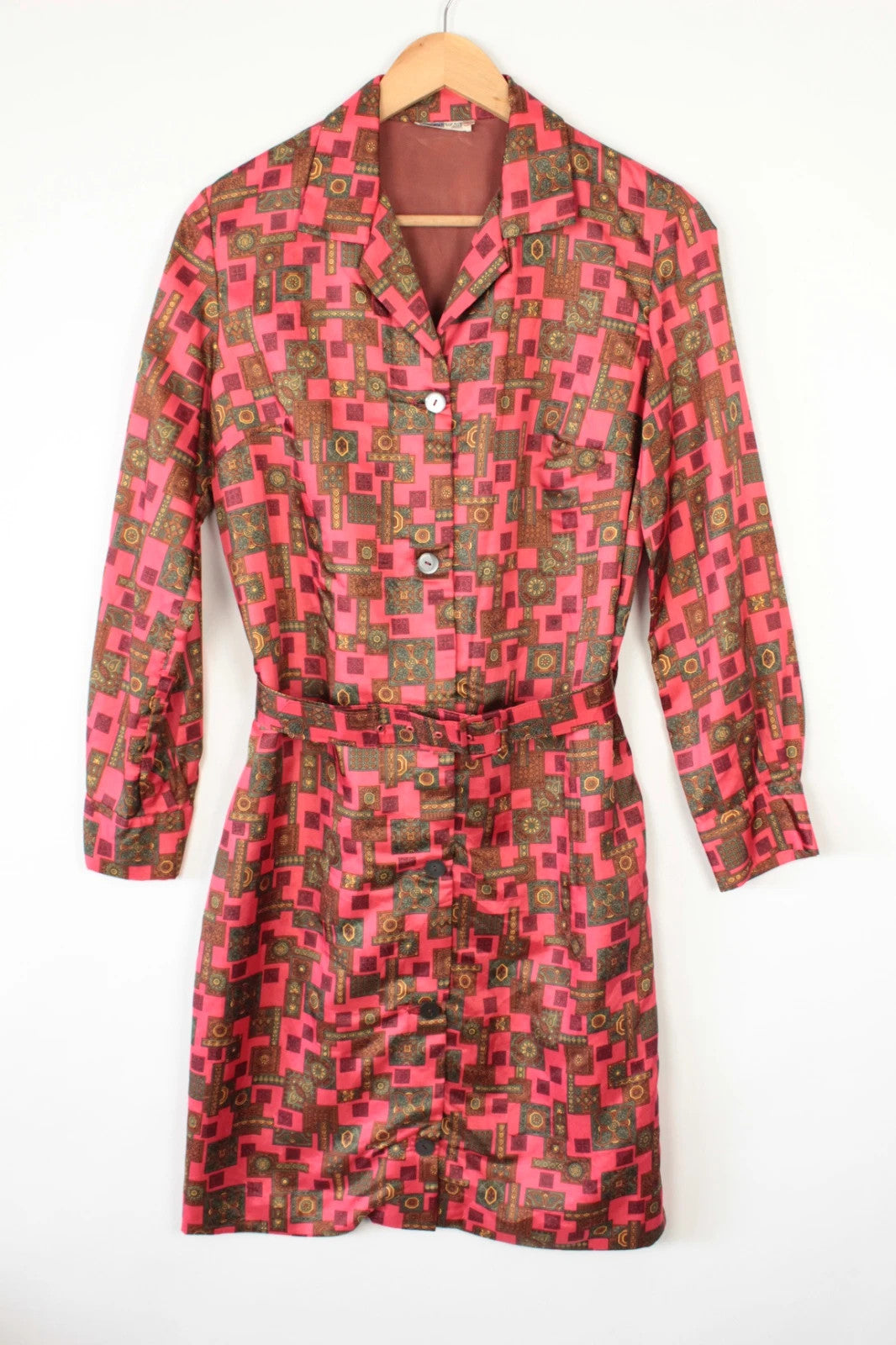 Vintage Dressing brown and pink geometric midi shirt dress with buttons and pockets.
