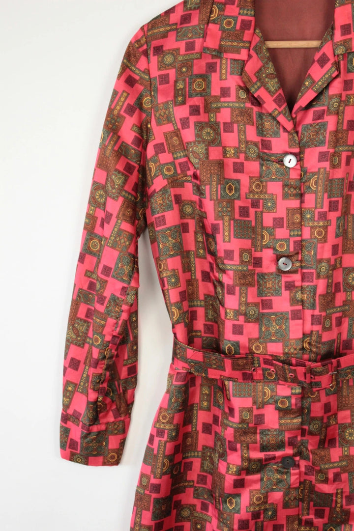 Vintage Dressing brown and pink geometric midi shirt dress with buttons and pockets.