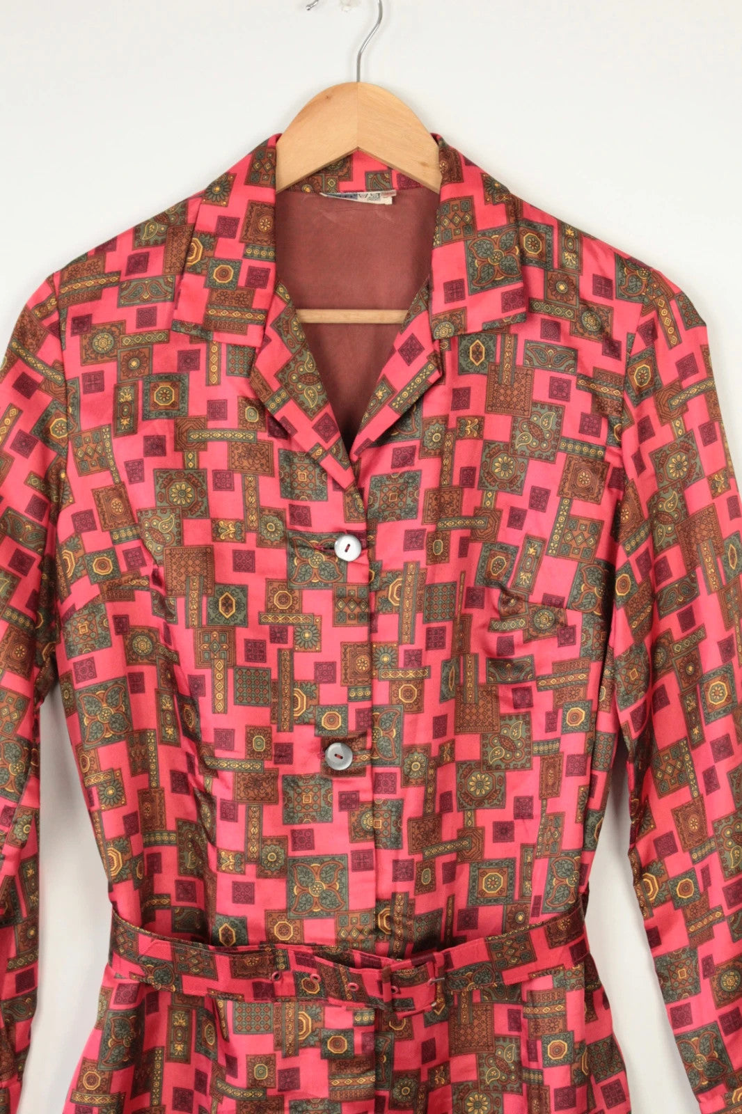 Vintage Dressing brown and pink geometric midi shirt dress with buttons and pockets.