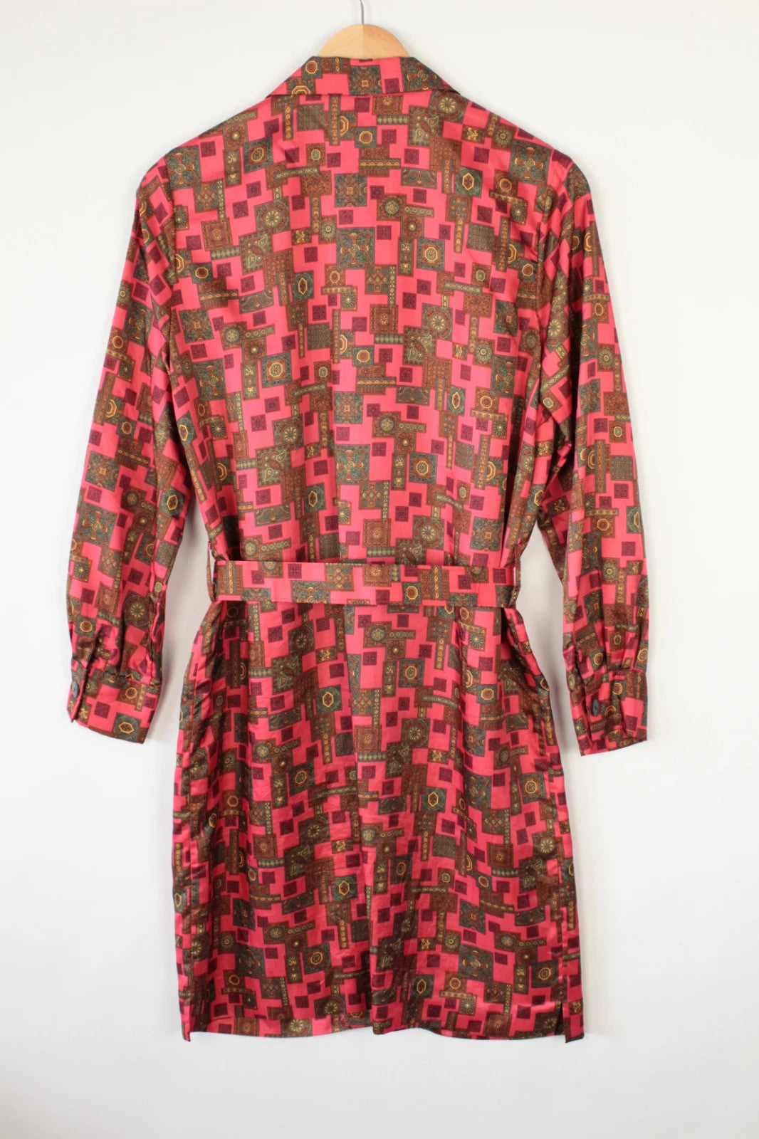 Vintage Dressing brown and pink geometric midi shirt dress with buttons and pockets.