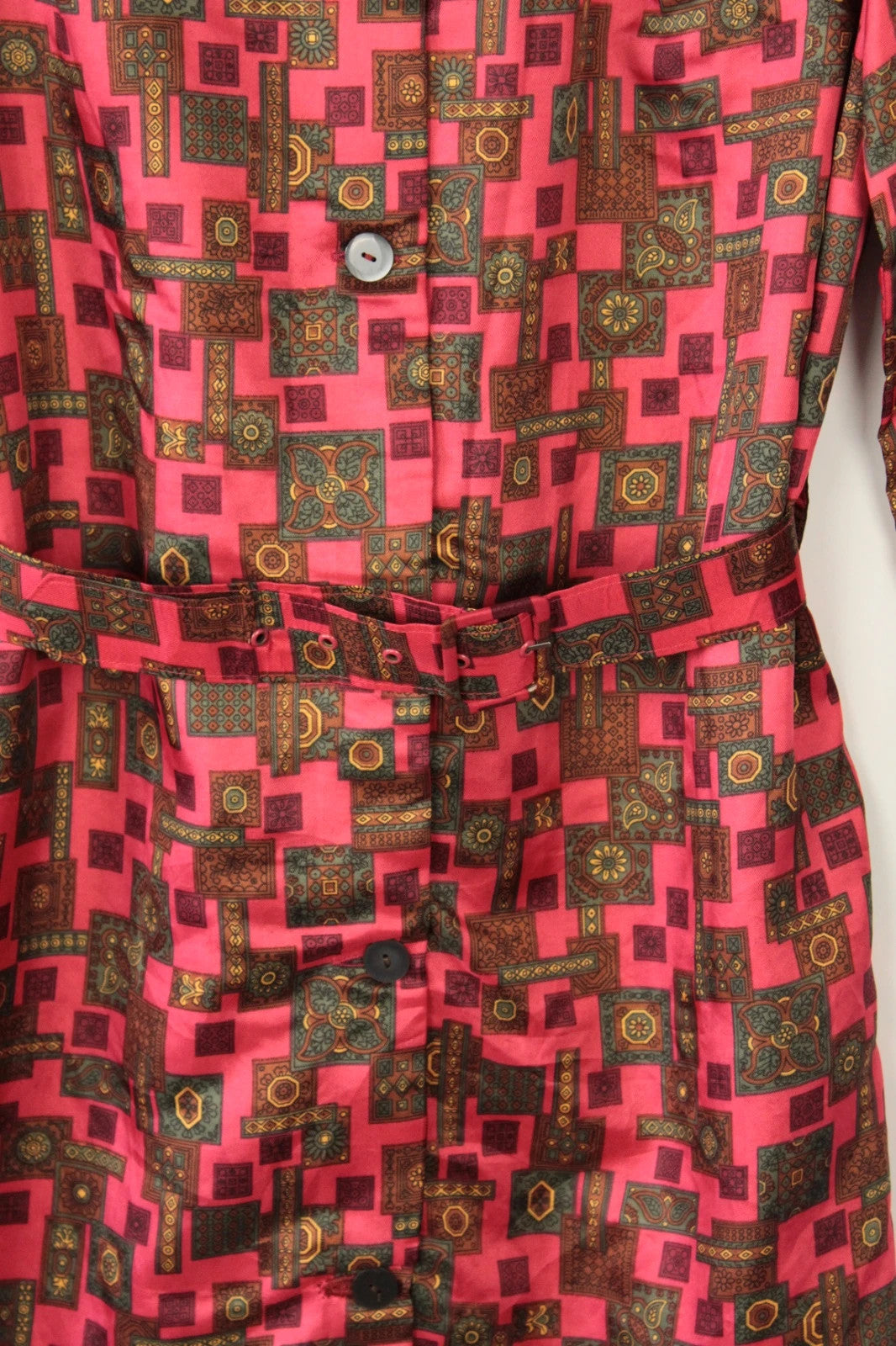 Vintage Dressing brown and pink geometric midi shirt dress with buttons and pockets.