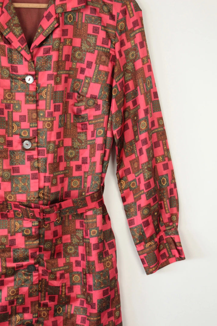 Vintage Dressing brown and pink geometric midi shirt dress with buttons and pockets.