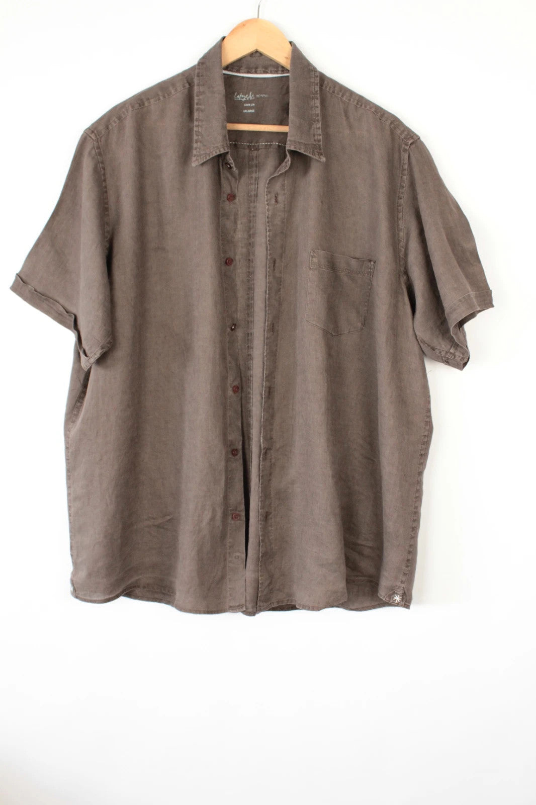 Galeries Lafayette brown short sleeve linen shirt with button-down collar and textured fabric.