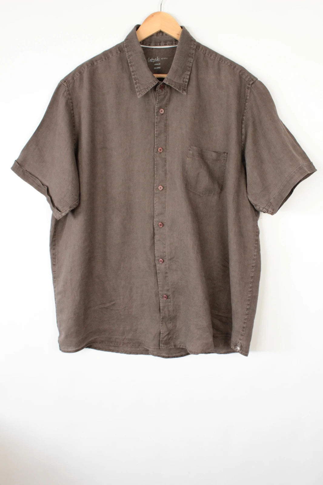 Galeries Lafayette brown short sleeve linen shirt with button-down collar and textured fabric.