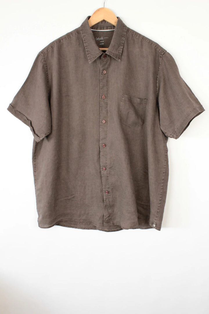 Galeries Lafayette brown short sleeve linen shirt with button-down collar and textured fabric.