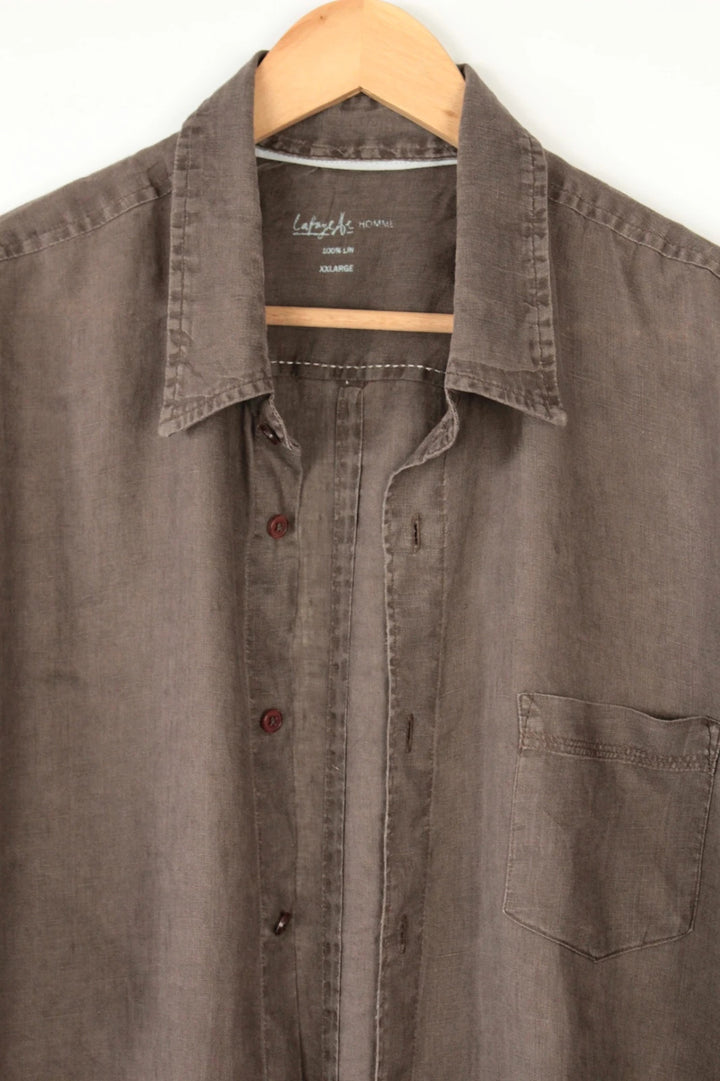 Galeries Lafayette brown short sleeve linen shirt with button-down collar and textured fabric.