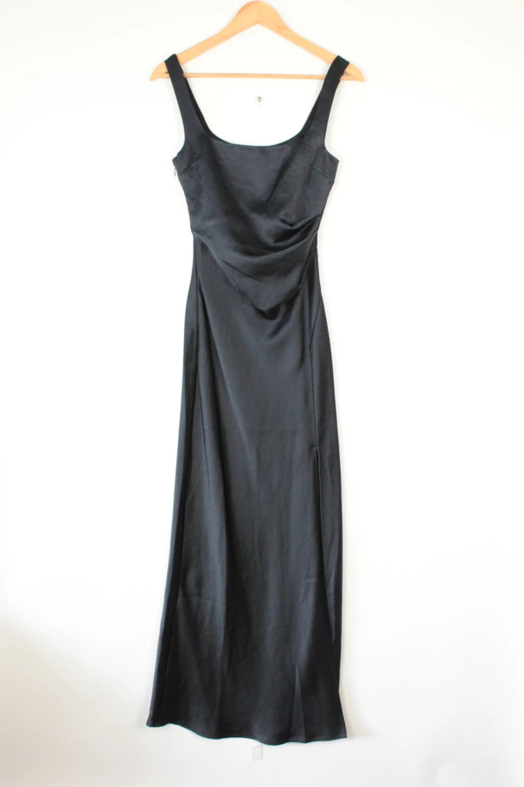 Bec & Bridge deep navy satin maxi dress with square neck and cowl waist detail.