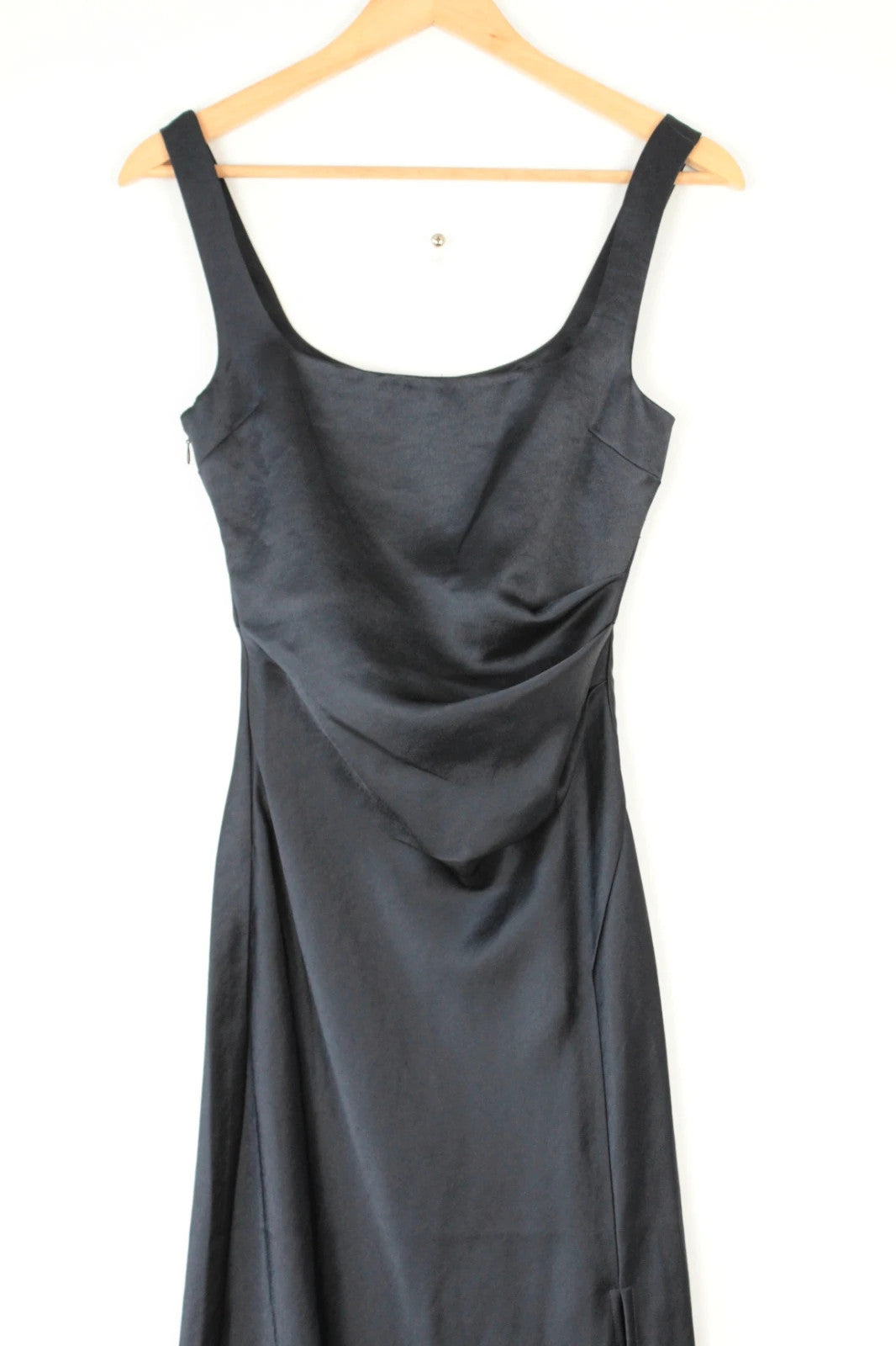 Bec & Bridge deep navy satin maxi dress with square neck and cowl waist detail.