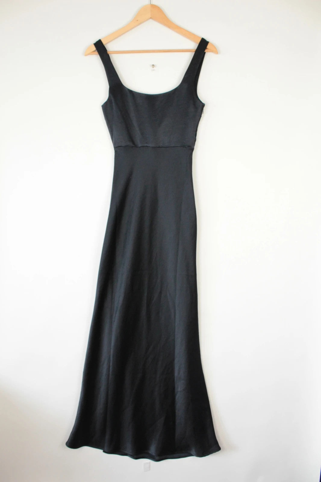 Bec & Bridge deep navy satin maxi dress with square neck and cowl waist detail.