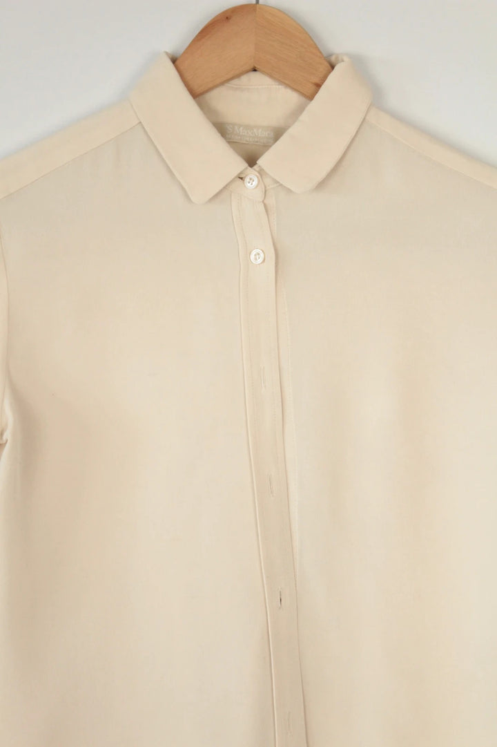 Max Mara cream silk blouse long sleeve with hidden placket and minimalist design.