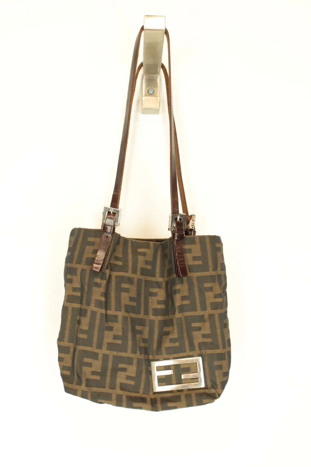Fendi brown monogram shoulder bag with FF logo, jacquard canvas and leather trim.