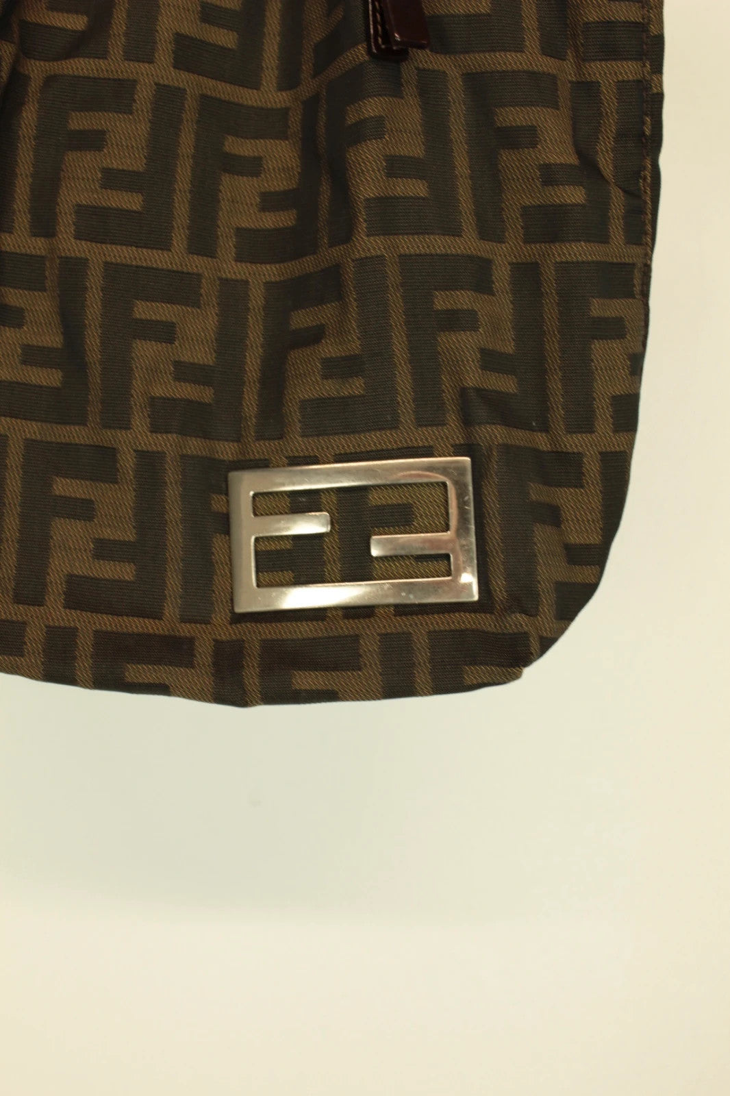 Fendi brown monogram shoulder bag with FF logo, jacquard canvas and leather trim.