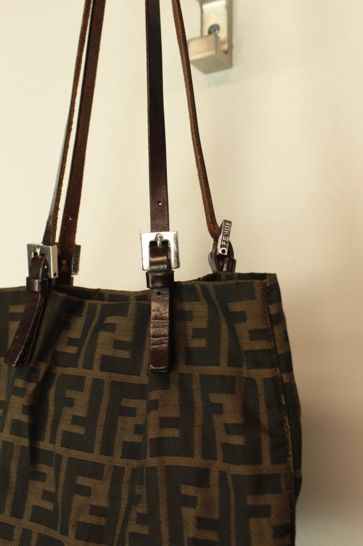 Fendi brown monogram shoulder bag with FF logo, jacquard canvas and leather trim.
