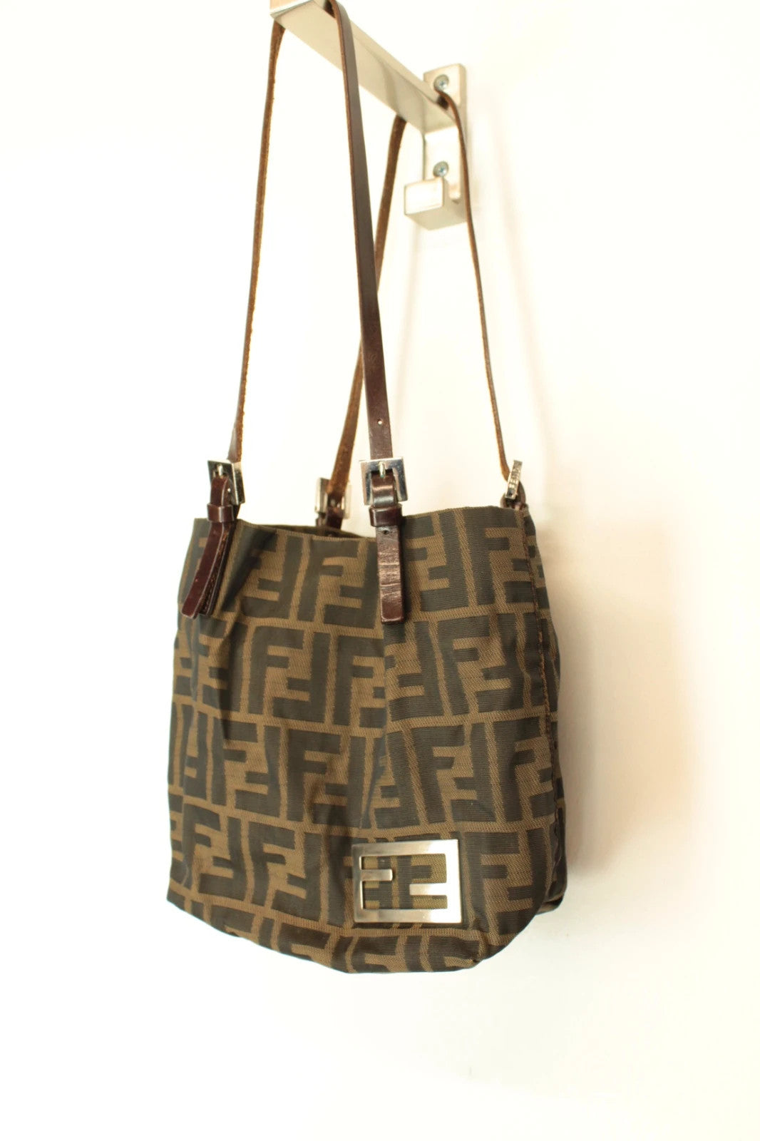 Fendi brown monogram shoulder bag with FF logo, jacquard canvas and leather trim.