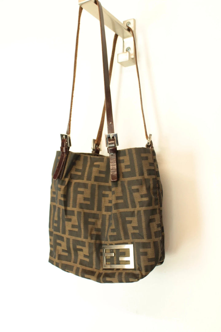 Fendi brown monogram shoulder bag with FF logo, jacquard canvas and leather trim.
