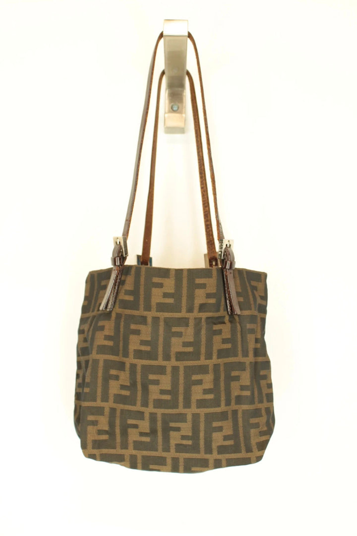 Fendi brown monogram shoulder bag with FF logo, jacquard canvas and leather trim.