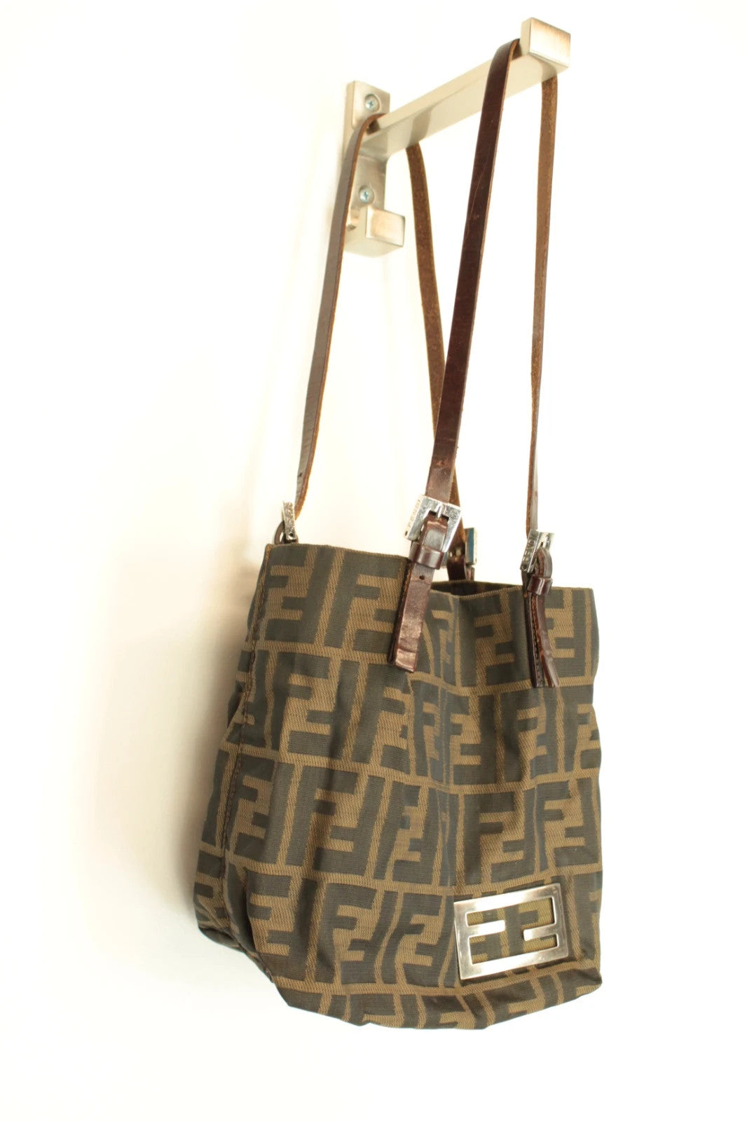Fendi brown monogram shoulder bag with FF logo, jacquard canvas and leather trim.