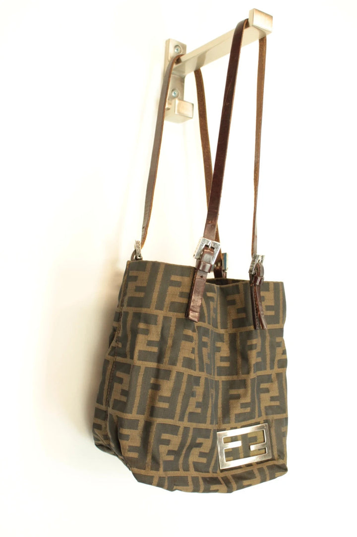 Fendi brown monogram shoulder bag with FF logo, jacquard canvas and leather trim.