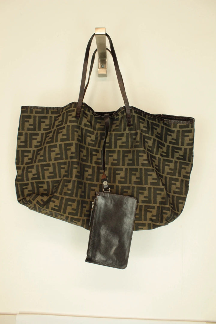 Fendi shopping tote bag black brown FF monogram jacquard canvas with leather trim.