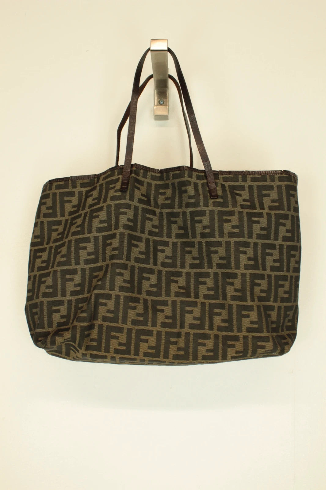 Fendi shopping tote bag black brown FF monogram jacquard canvas with leather trim.