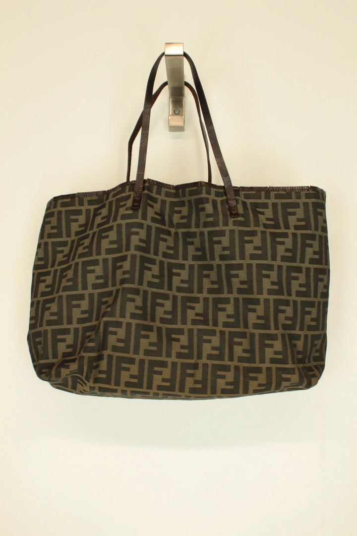 Fendi shopping tote bag black brown FF monogram jacquard canvas with leather trim.