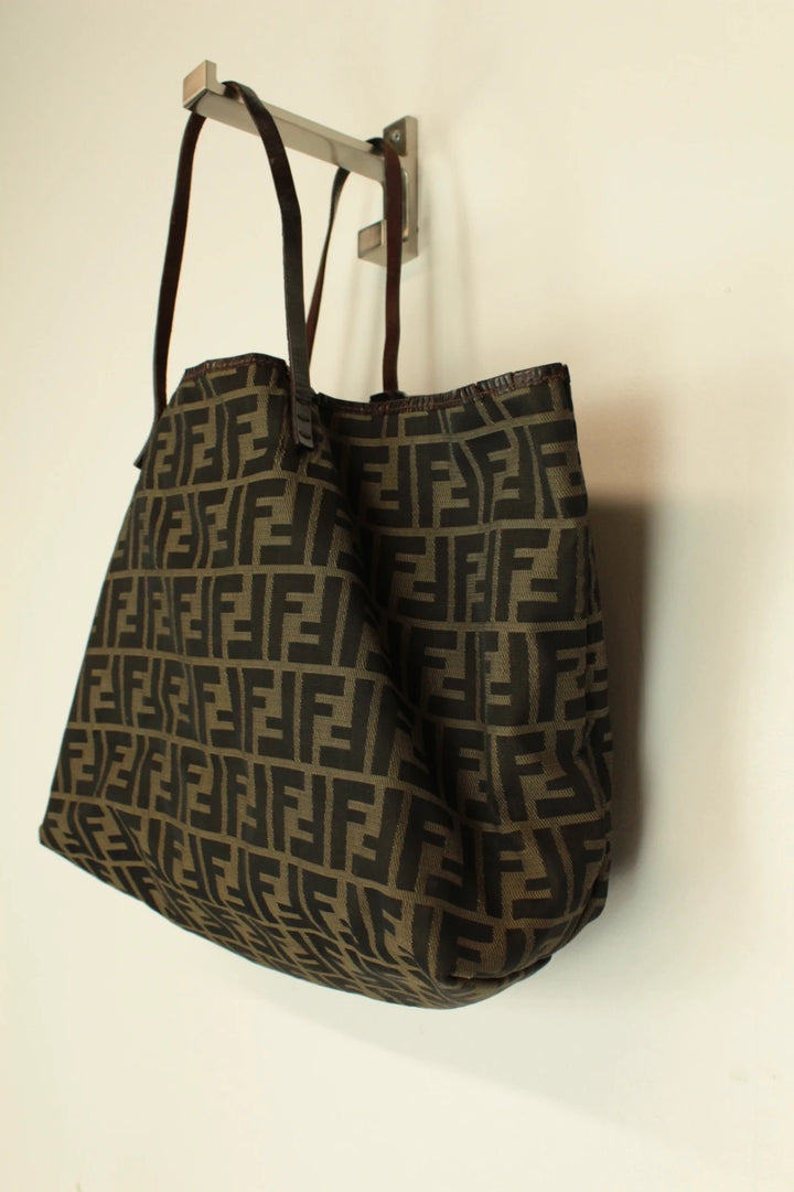 Fendi shopping tote bag black brown FF monogram jacquard canvas with leather trim.