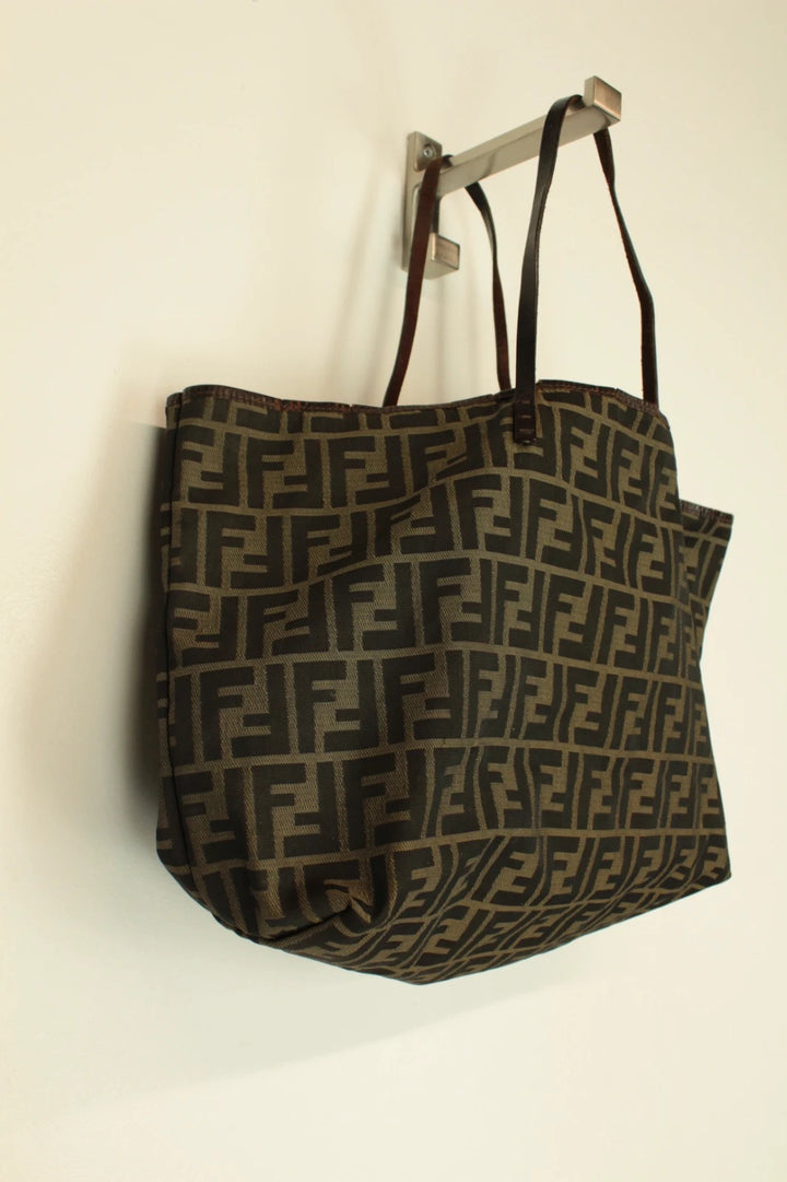 Fendi shopping tote bag black brown FF monogram jacquard canvas with leather trim.