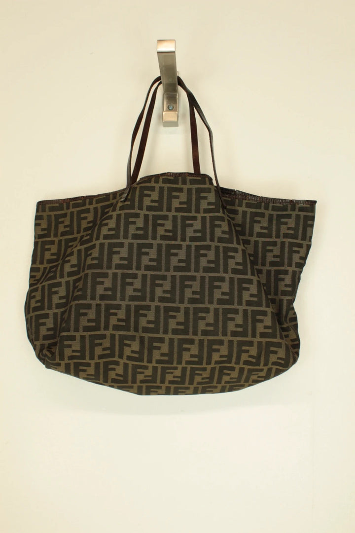 Fendi shopping tote bag black brown FF monogram jacquard canvas with leather trim.