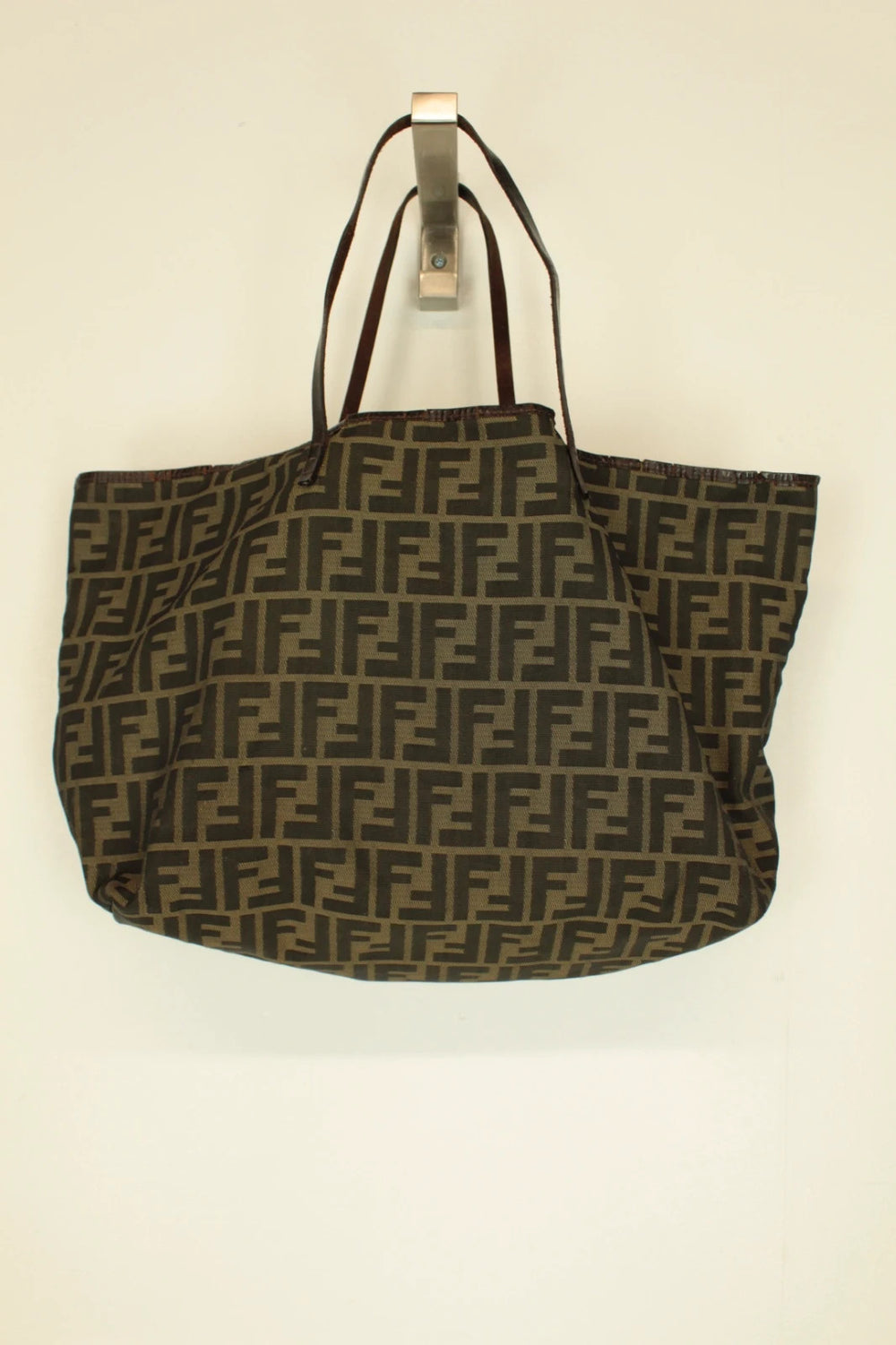 Fendi shopping tote bag black brown FF monogram jacquard canvas with leather trim.