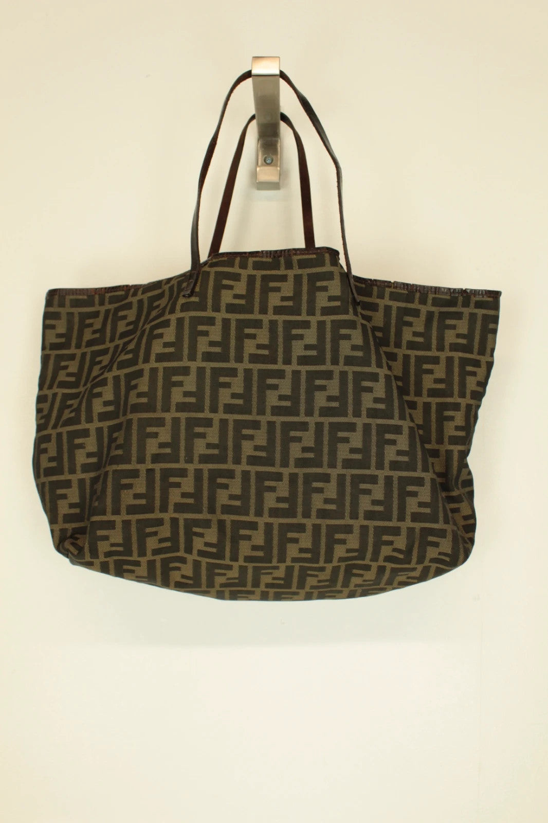 Fendi shopping tote bag black brown FF monogram jacquard canvas with leather trim.