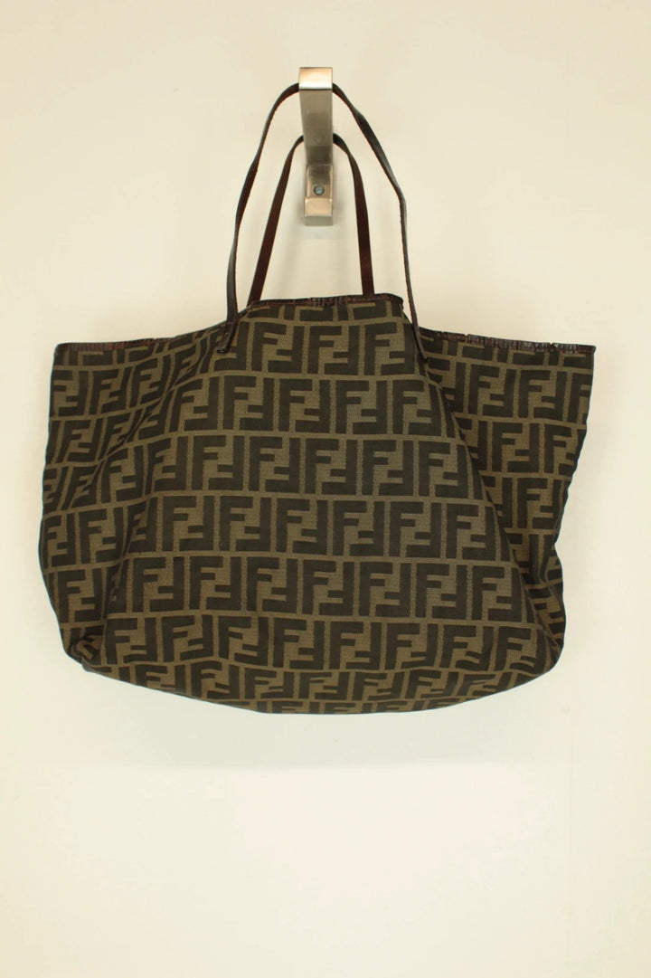 Fendi shopping tote bag black brown FF monogram jacquard canvas with leather trim.