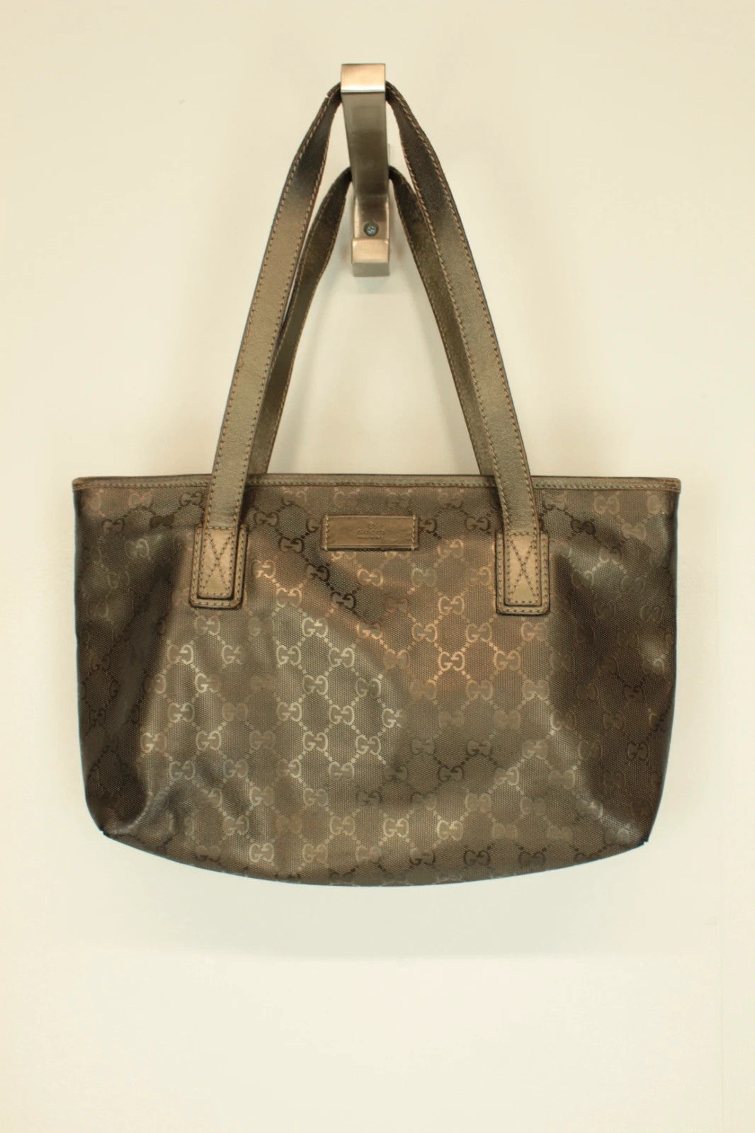 Gucci shopping tote bag khaki silver GG monogram coated canvas with leather trim