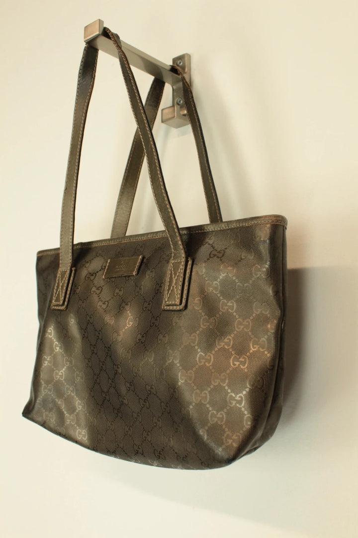 Gucci shopping tote bag khaki silver GG monogram coated canvas with leather trim