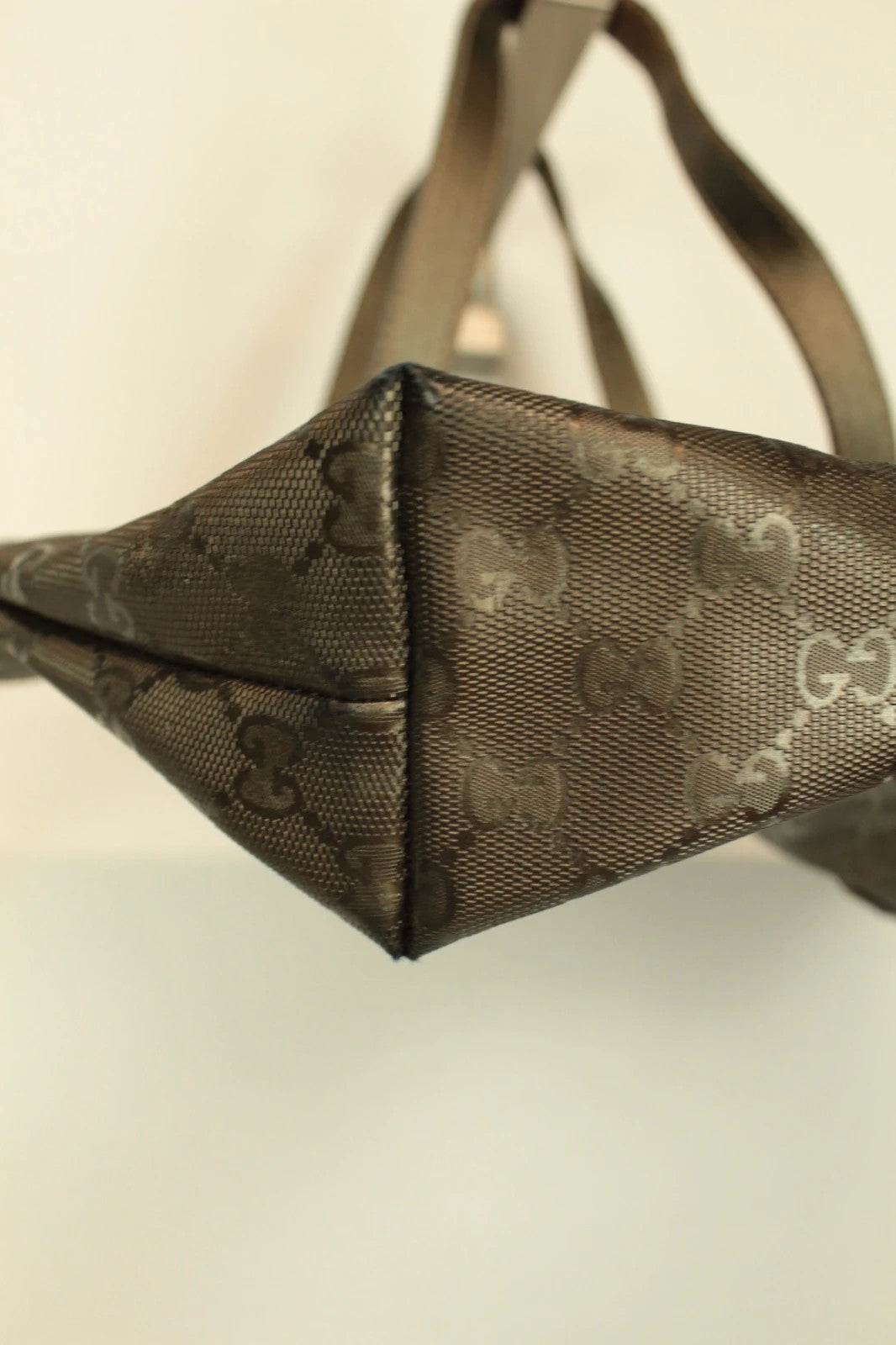 Gucci shopping tote bag khaki silver GG monogram coated canvas with leather trim