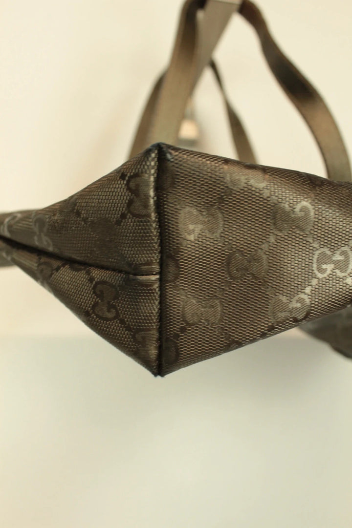 Gucci shopping tote bag khaki silver GG monogram coated canvas with leather trim