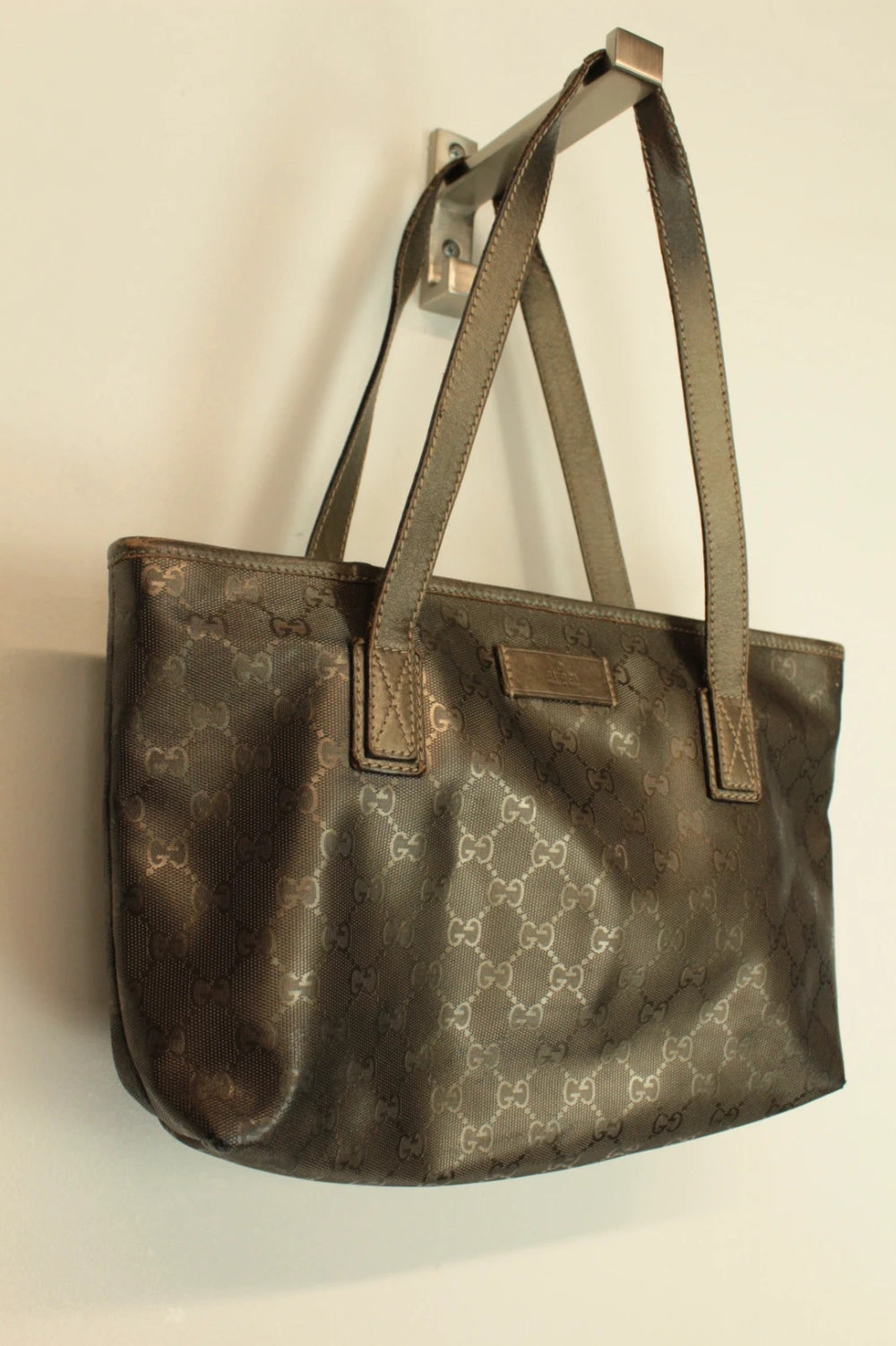 Gucci shopping tote bag khaki silver GG monogram coated canvas with leather trim