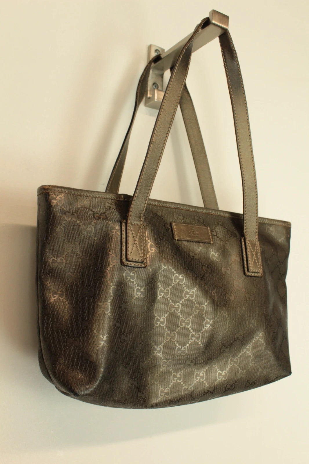 Gucci shopping tote bag khaki silver GG monogram coated canvas with leather trim