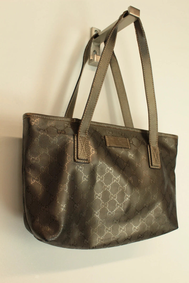 Gucci shopping tote bag khaki silver GG monogram coated canvas with leather trim