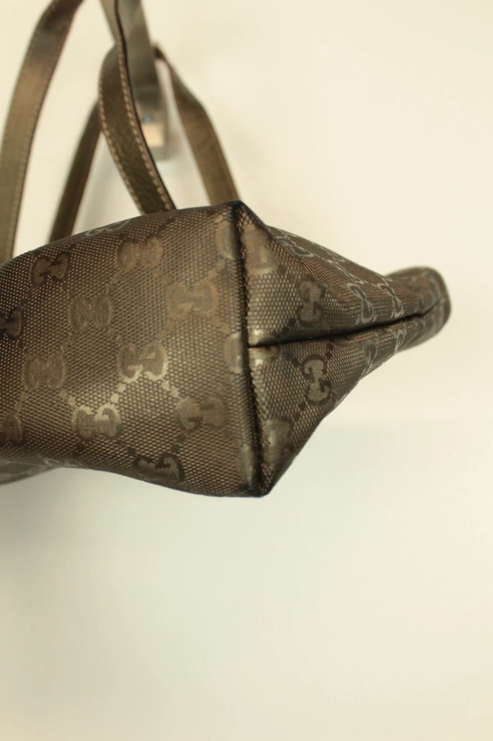 Gucci shopping tote bag khaki silver GG monogram coated canvas with leather trim