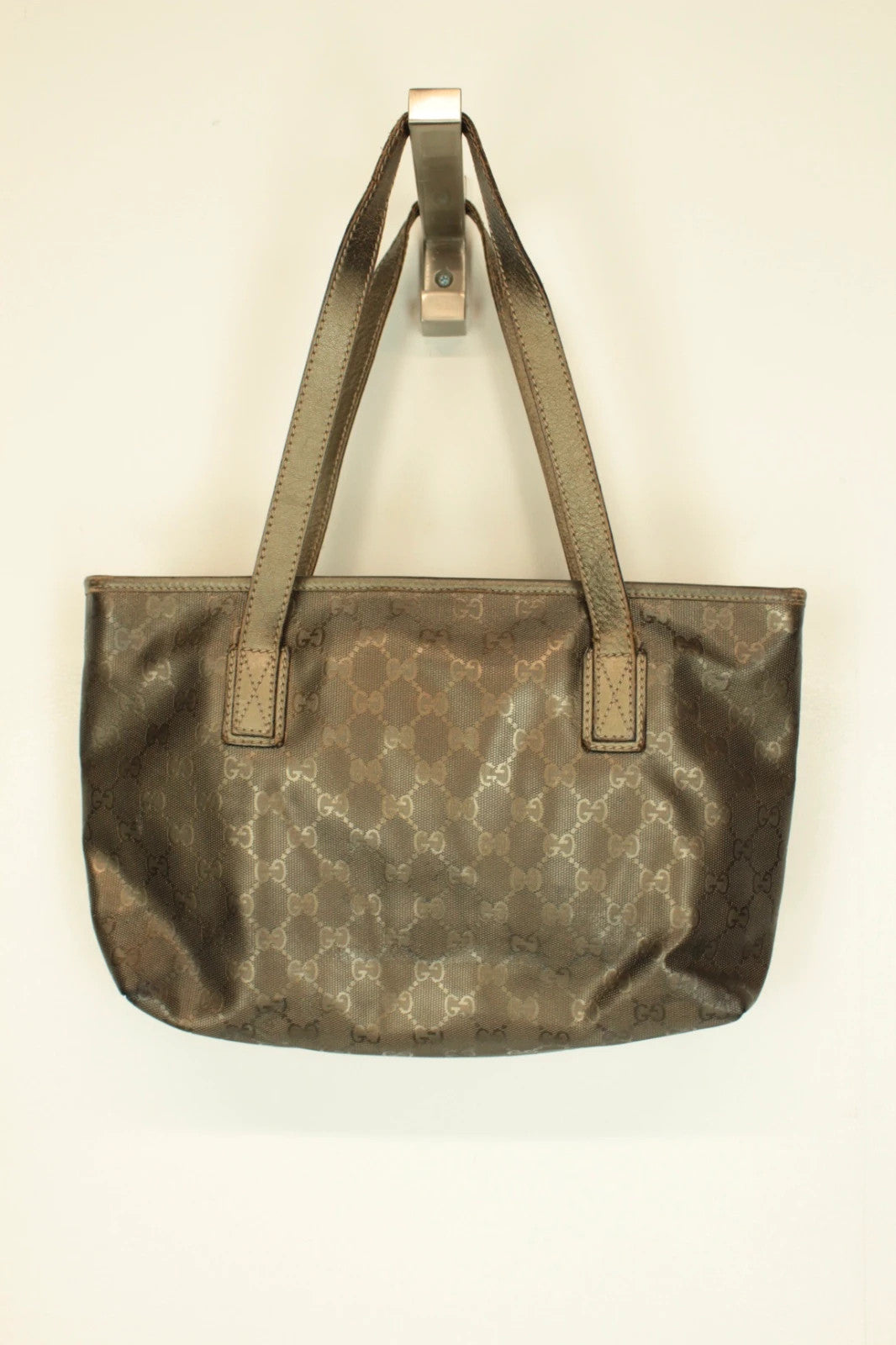 Gucci shopping tote bag khaki silver GG monogram coated canvas with leather trim