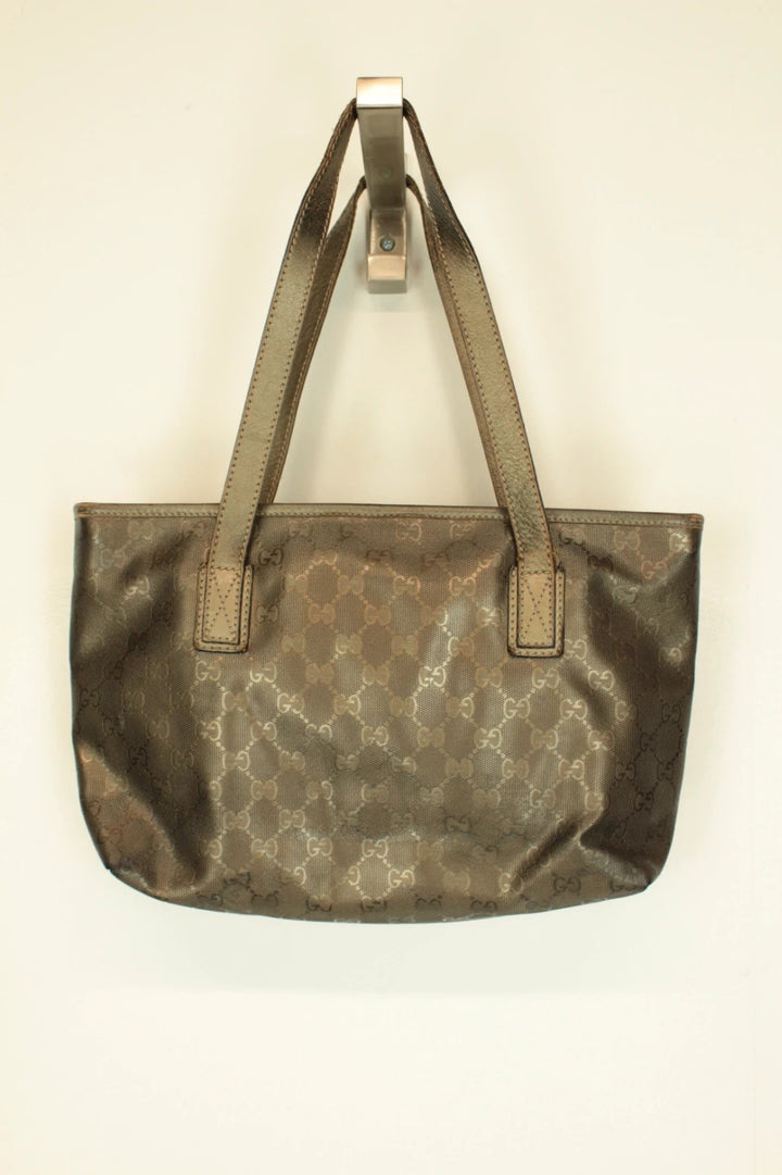 Gucci shopping tote bag khaki silver GG monogram coated canvas with leather trim