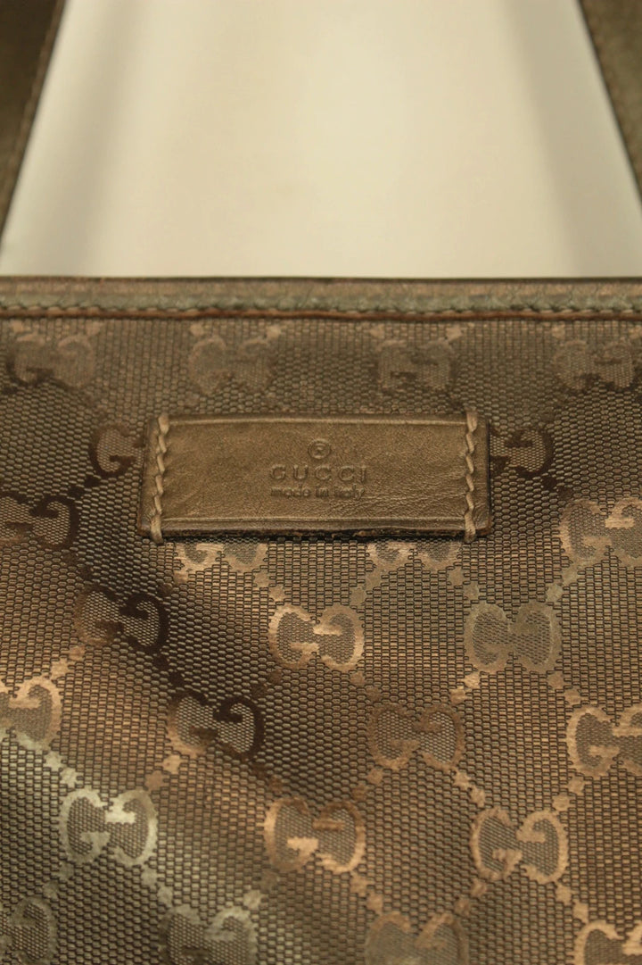 Gucci shopping tote bag khaki silver GG monogram coated canvas with leather trim