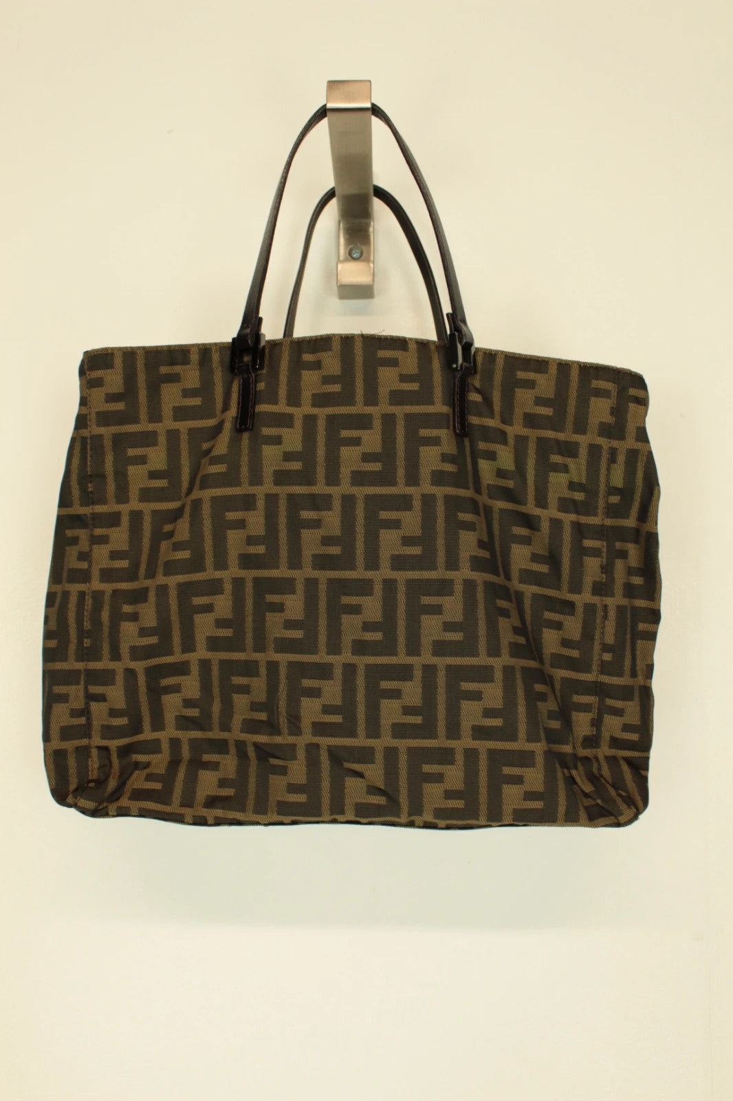Fendi shopping tote bag brown and black FF monogram jacquard canvas with leather trim.