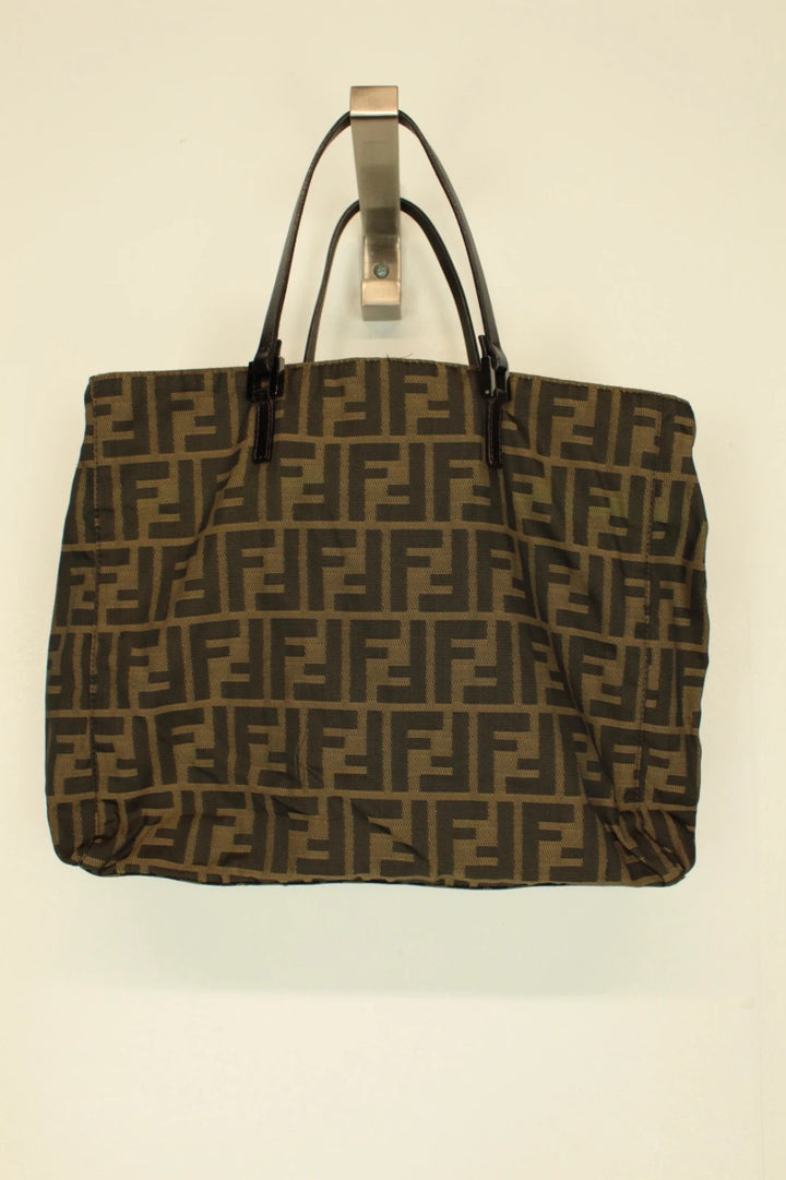 Fendi shopping tote bag brown and black FF monogram jacquard canvas with leather trim.